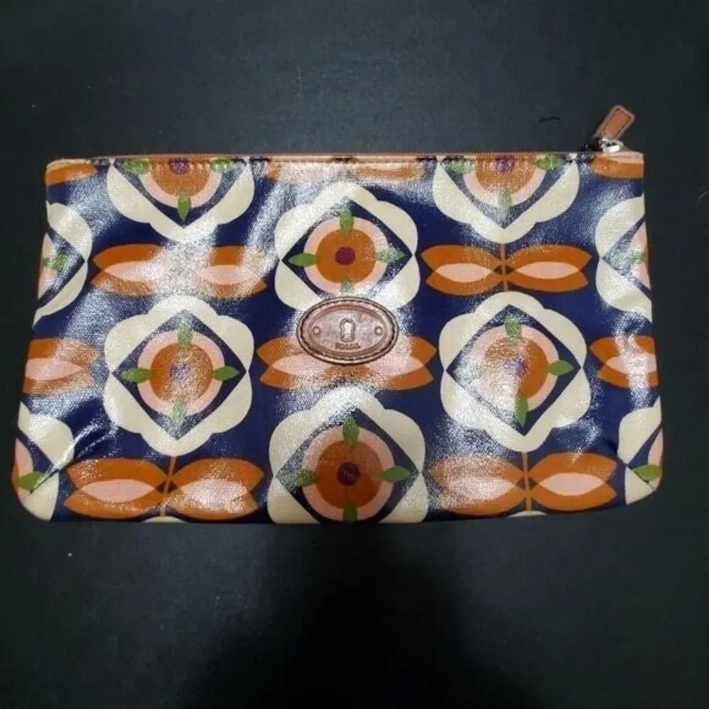 Fossil blue and brown makeup bag